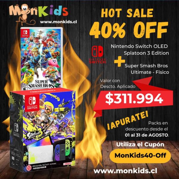 Consola Nintendo Switch Oled Splatoon 3 + Super Smash Bros. Ultimate Físico – Nintendo Switch 100% Original, Imp. Monkids.cl