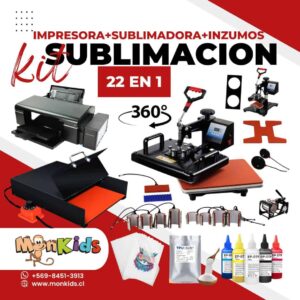 Kit Sublimación 22 en 1: Sublimadora 15 en 1 + Impresora L805 A4 + Horno + Estampadora Manual + 200 Hojas Transfer A4 + Tintas + 100% Original, Imp. Monkids.cl