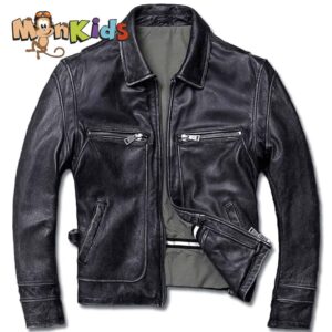 Chaqueta de Cuero 100% Cuero Natural, Tipo Biker, Negro Gastada, Imp. MonKids Motoquero.