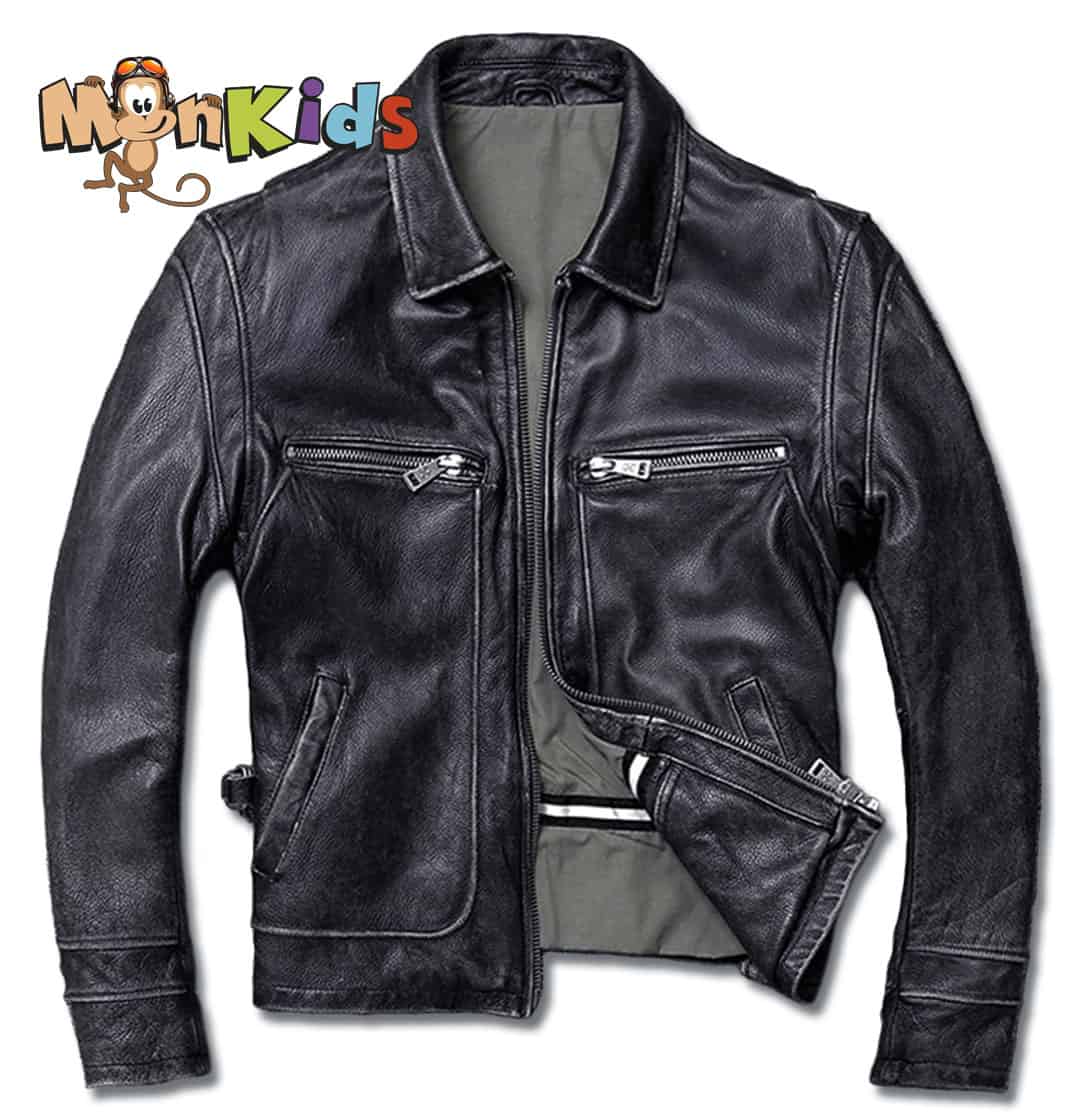 Chaqueta de Cuero 100% Cuero Natural, Tipo Biker, Negro Gastada, Imp. MonKids Motoquero.