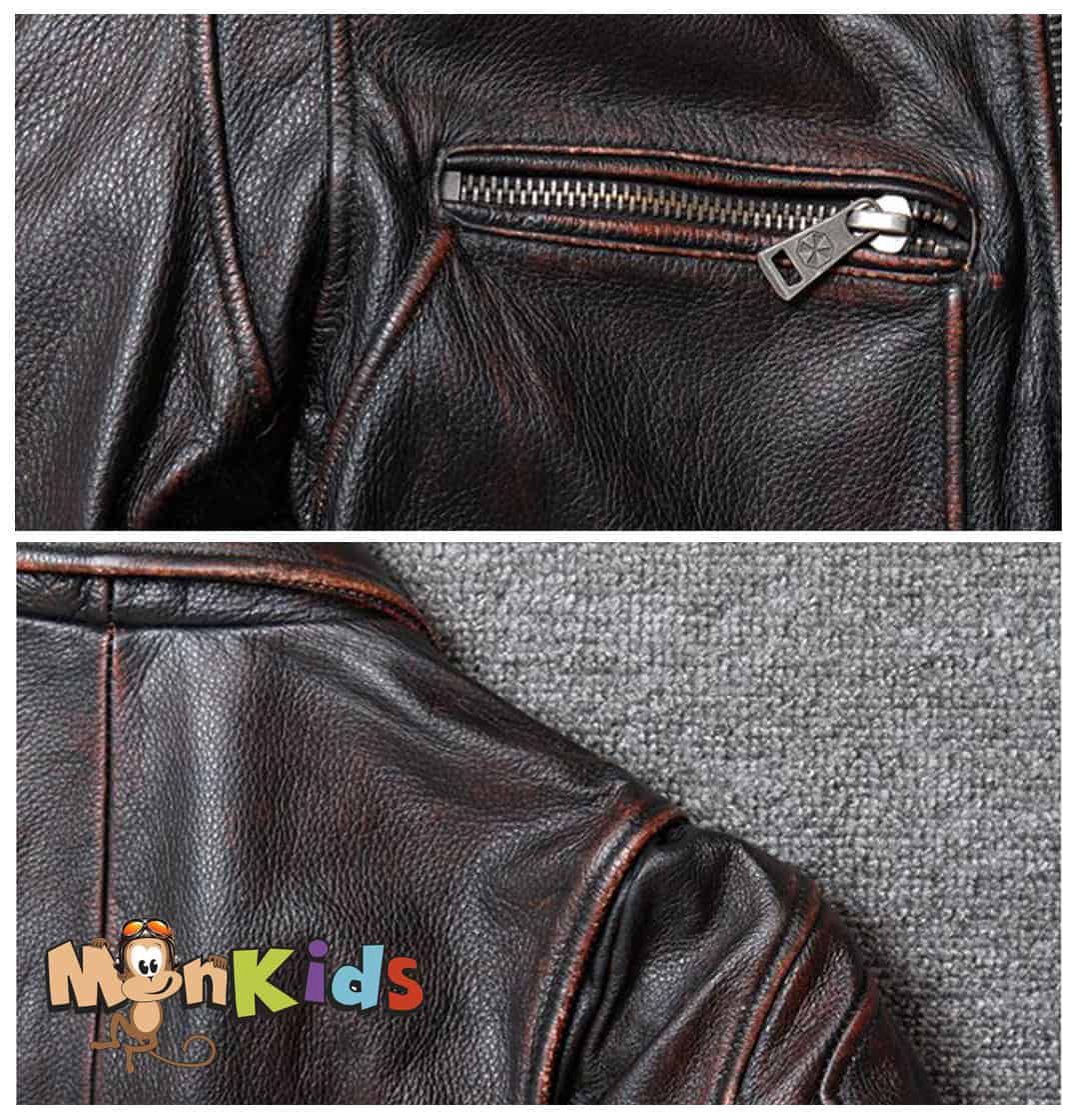 Chaqueta de Cuero 100% Cuero Natural, Tipo Biker, Negro Gastada, Imp. MonKids Motoquero. - Imagen 8